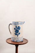 Load image into Gallery viewer, 19th Century Blue + White Stoneware Spongeware Pitcher with Wild Rose Glaze