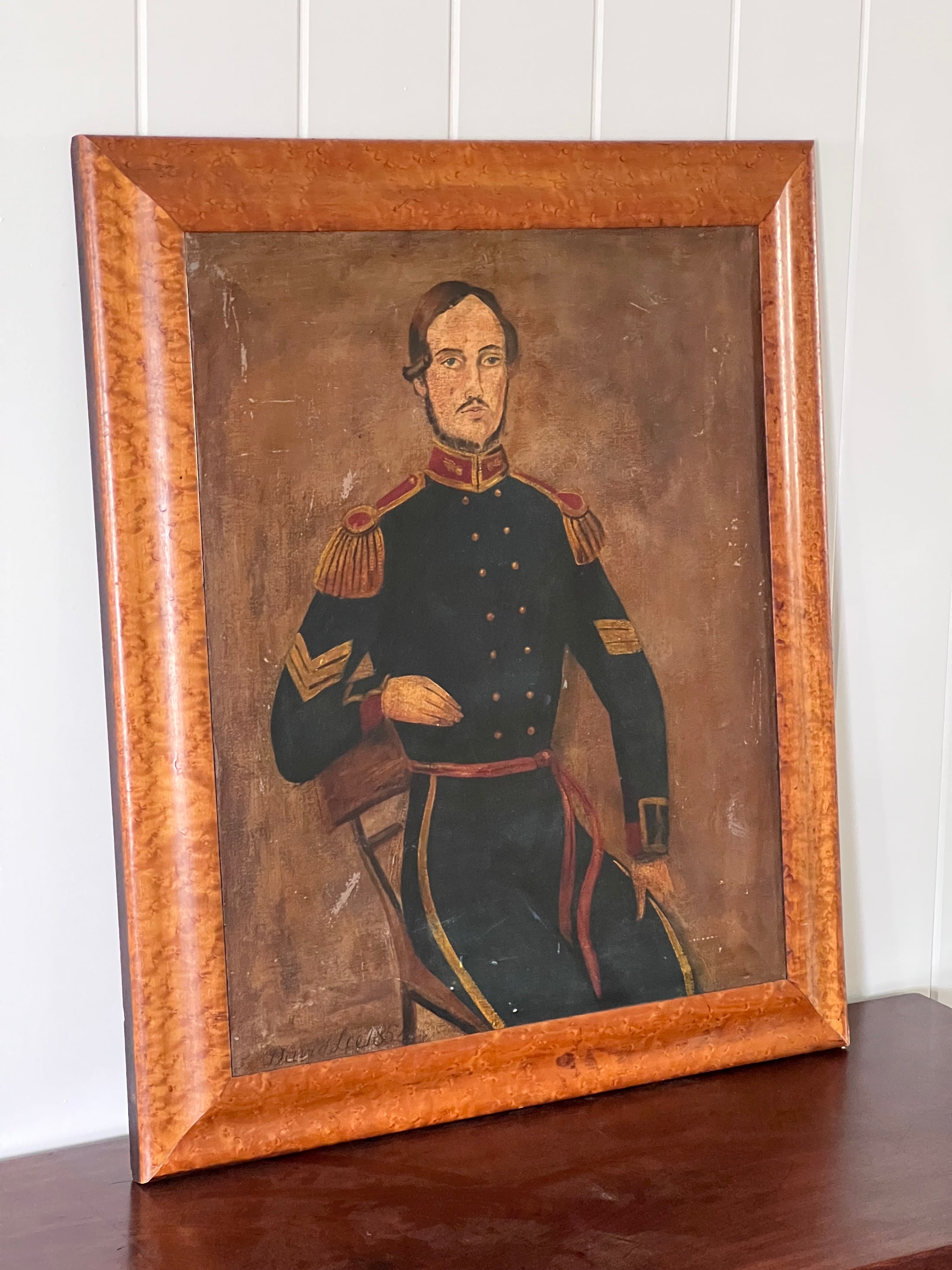 Signed Naive Oil on Canvas Soldier | Framed in Birds Eye Maple (David Lee, d. 1852)