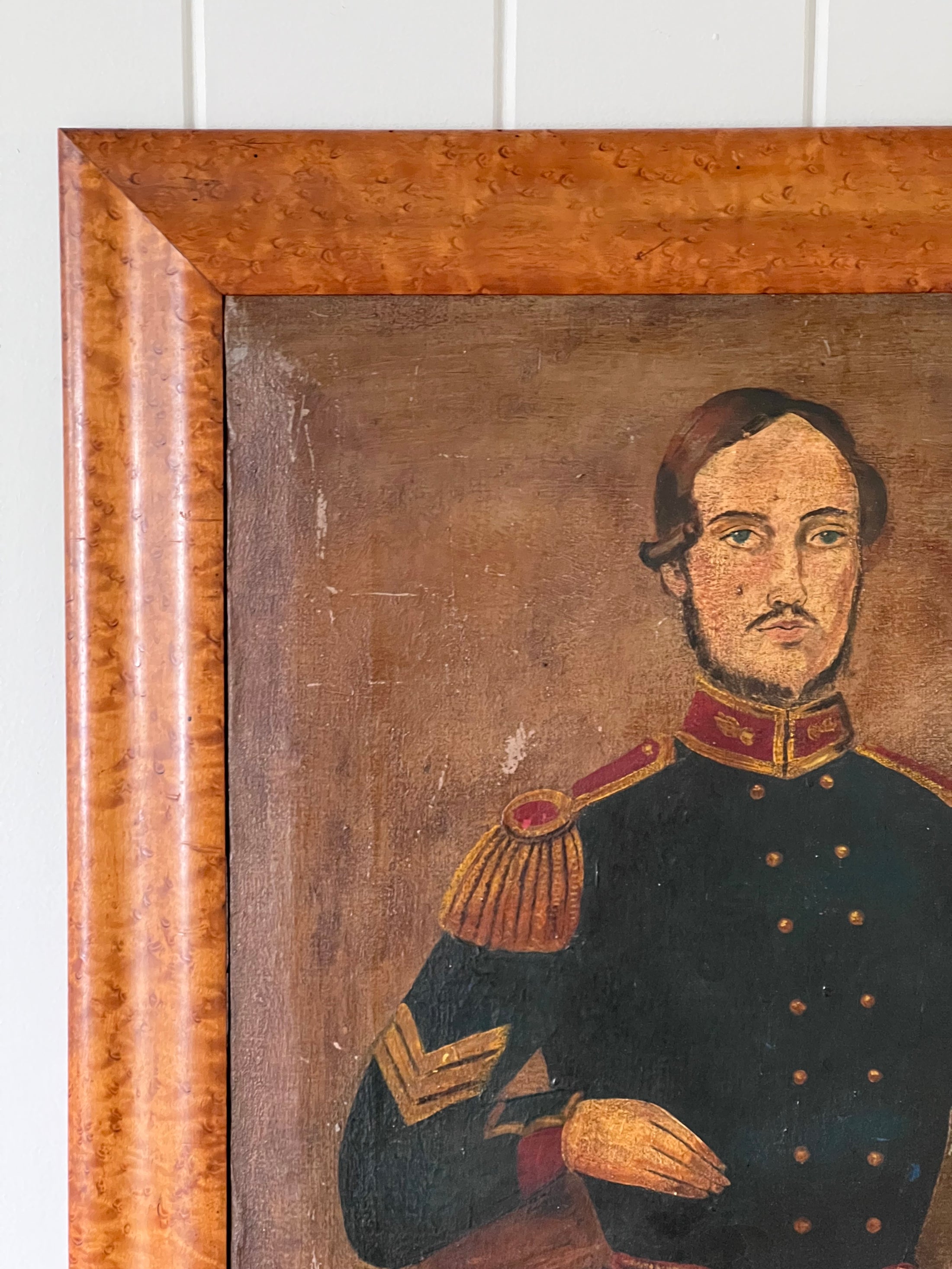 Signed Naive Oil on Canvas Soldier | Framed in Birds Eye Maple (David Lee, d. 1852)
