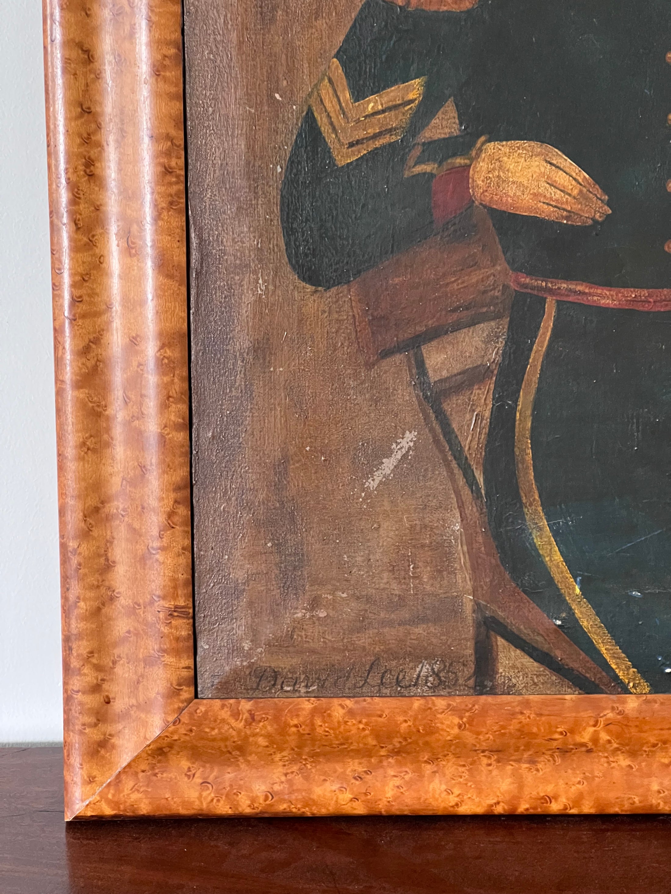 Signed Naive Oil on Canvas Soldier | Framed in Birds Eye Maple (David Lee, d. 1852)