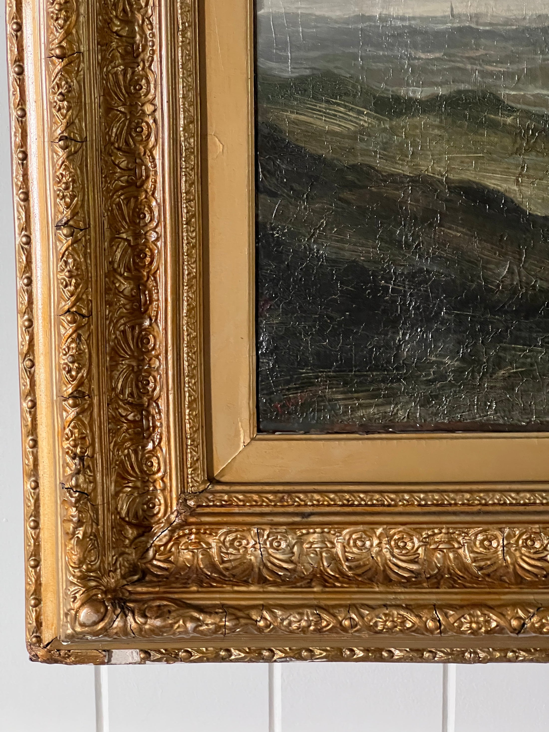 Large 19th Century Signed Original Oil of Early Steamship in Original Carved Frame