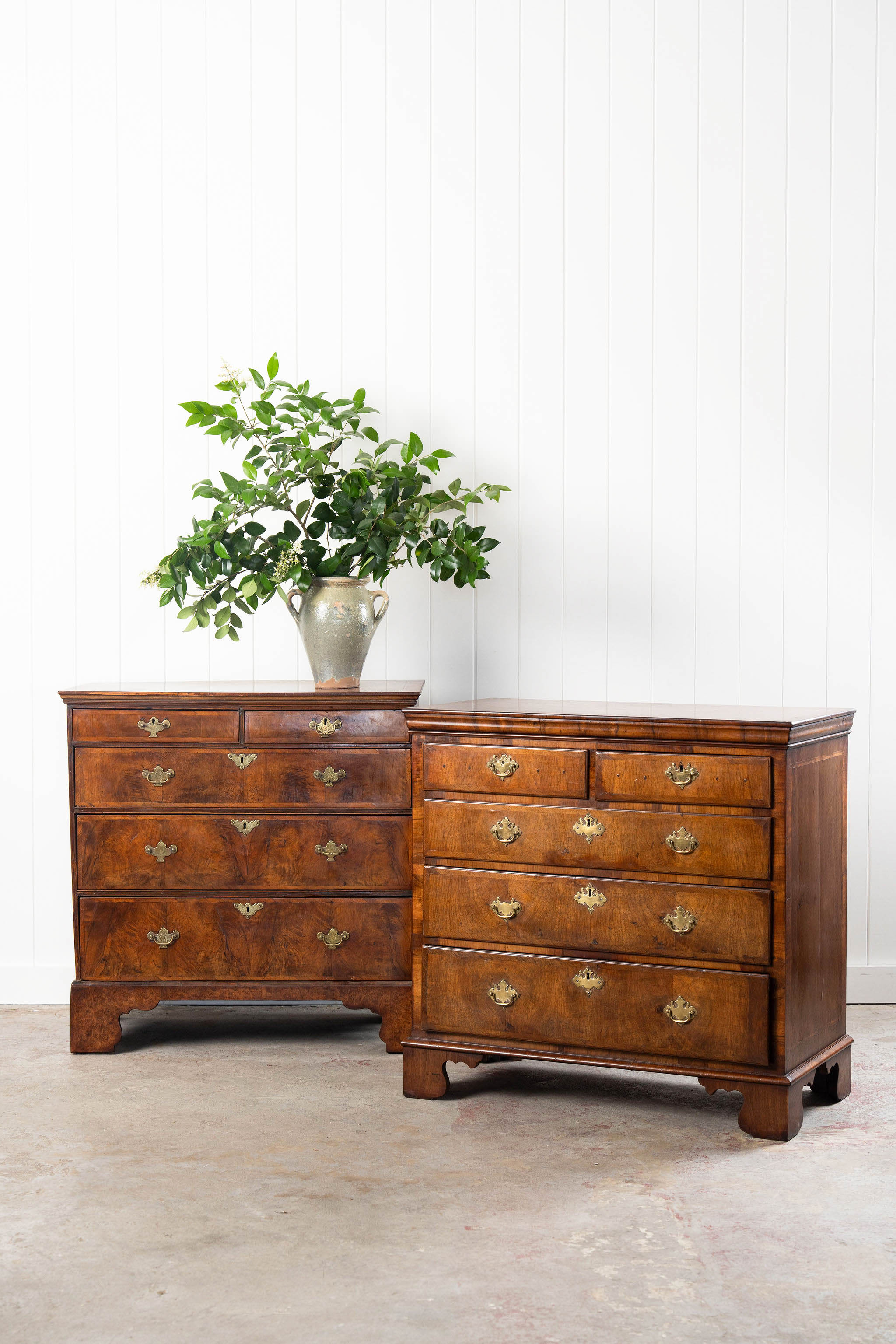 George III English Burl Walnut Chest of Drawers with Overlay Drawers on Brackets (c. 1760-1820)