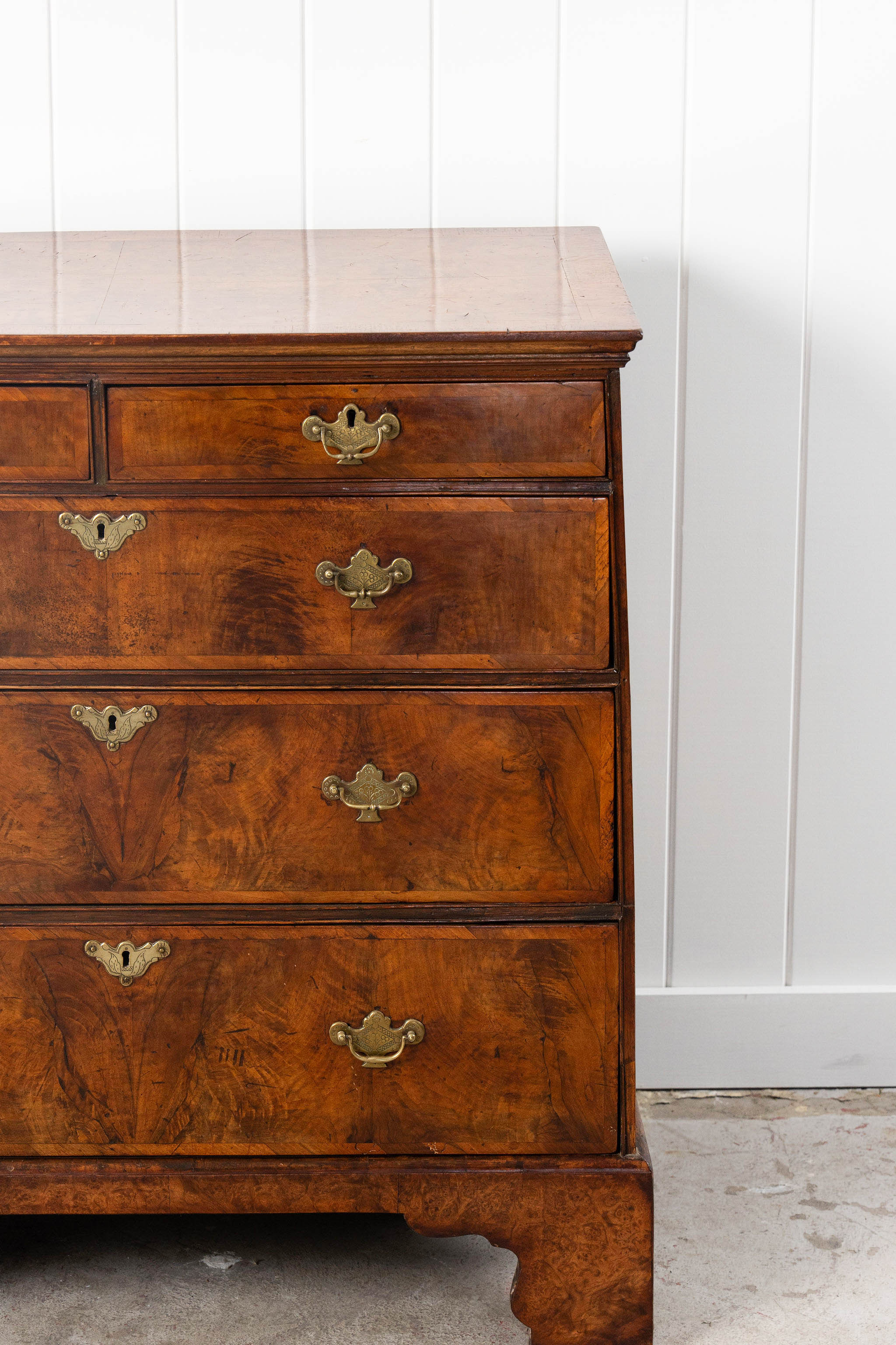 George III English Burl Walnut Chest of Drawers with Inset Drawers on Brackets (c. 1760-1820)