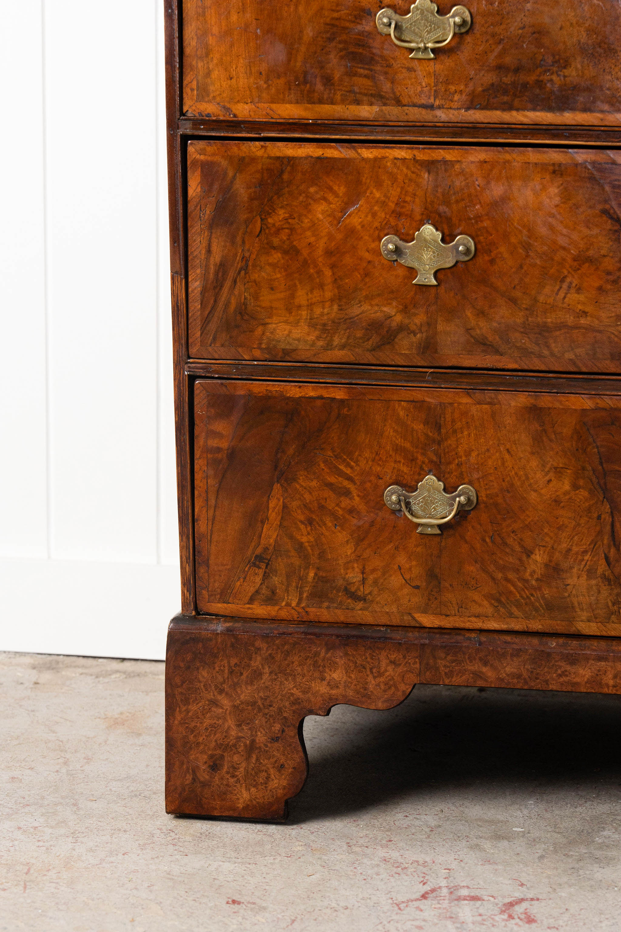 George III English Burl Walnut Chest of Drawers with Inset Drawers on Brackets (c. 1760-1820)