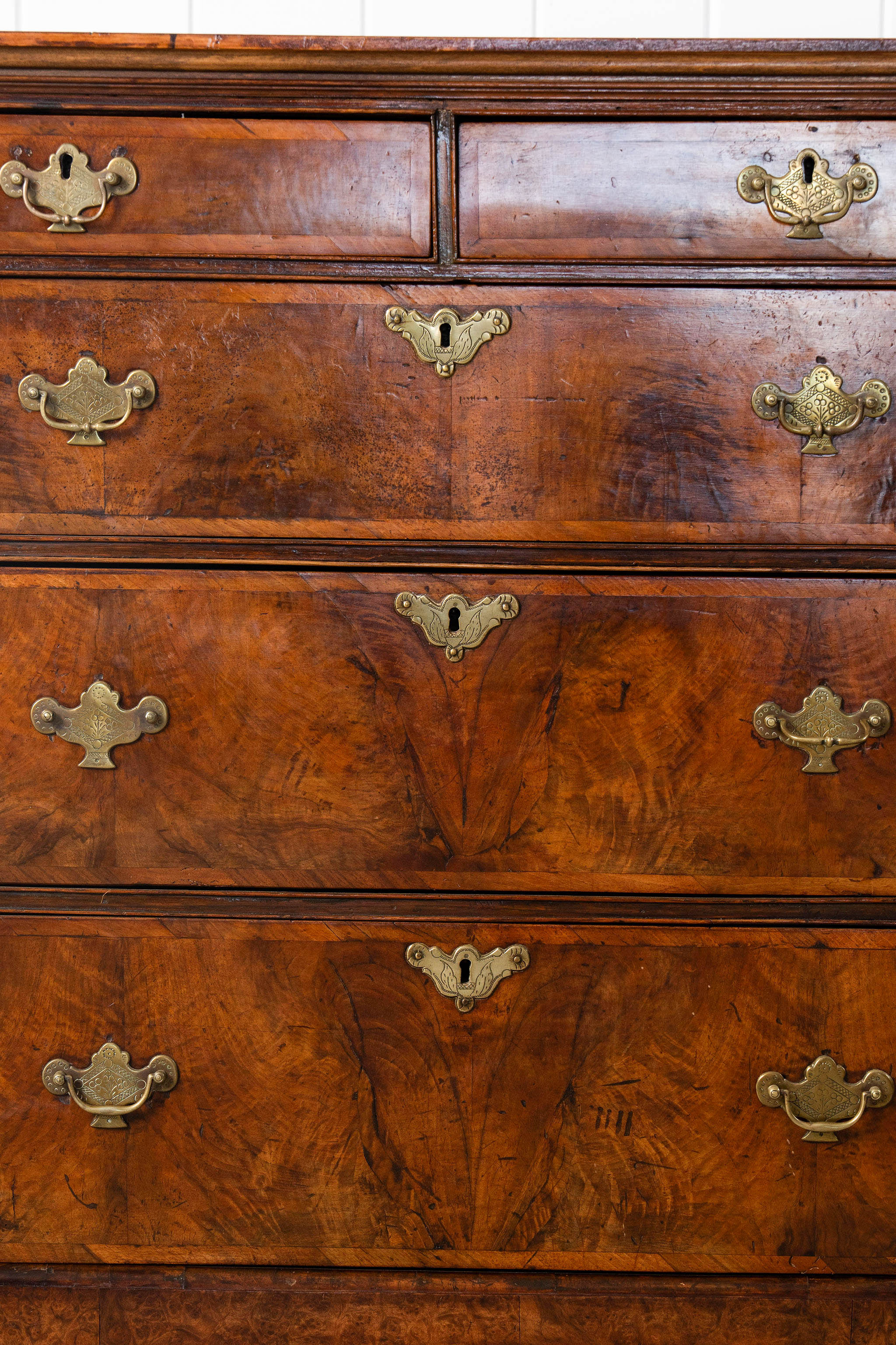 George III English Burl Walnut Chest of Drawers with Inset Drawers on Brackets (c. 1760-1820)