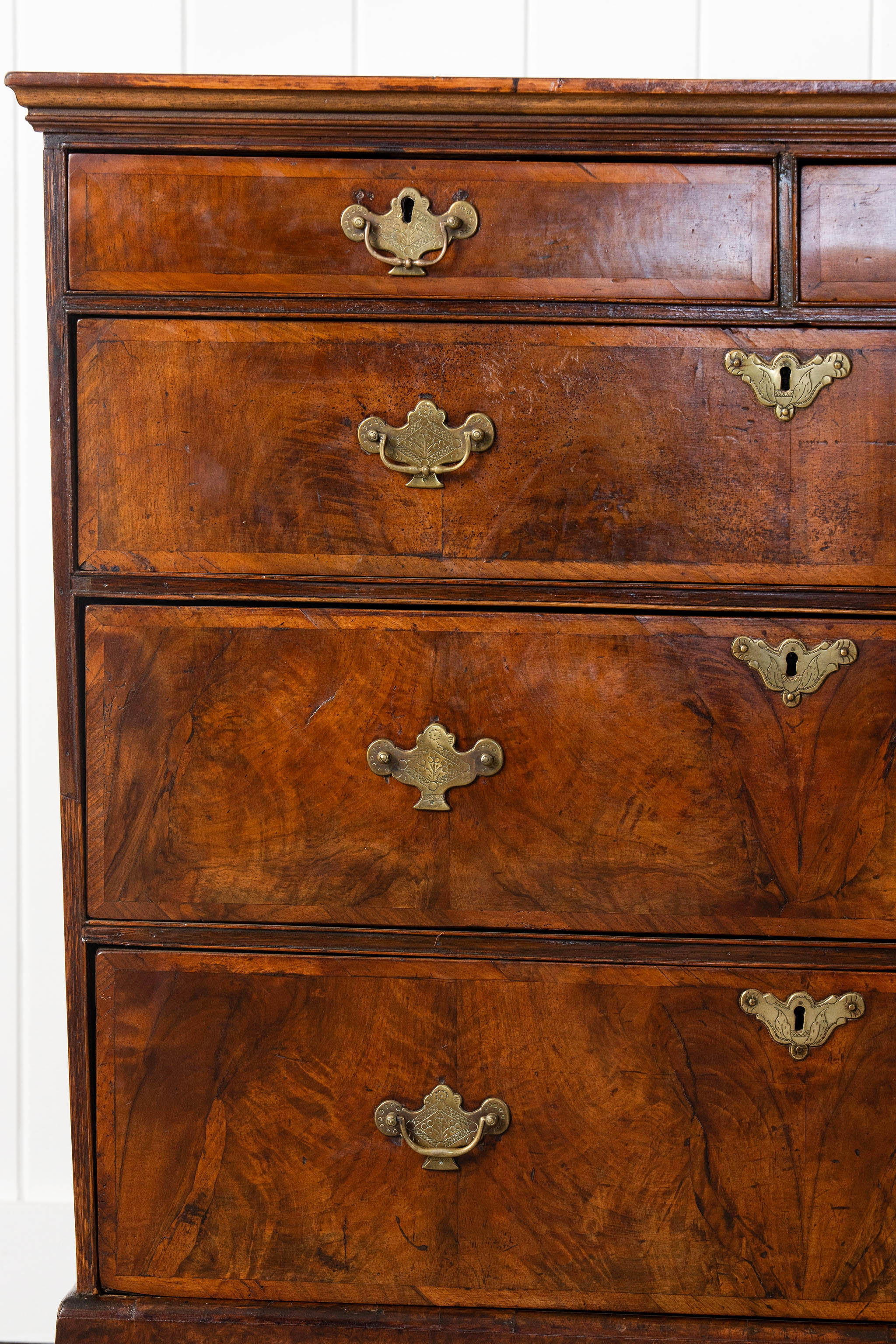 George III English Burl Walnut Chest of Drawers with Inset Drawers on Brackets (c. 1760-1820)