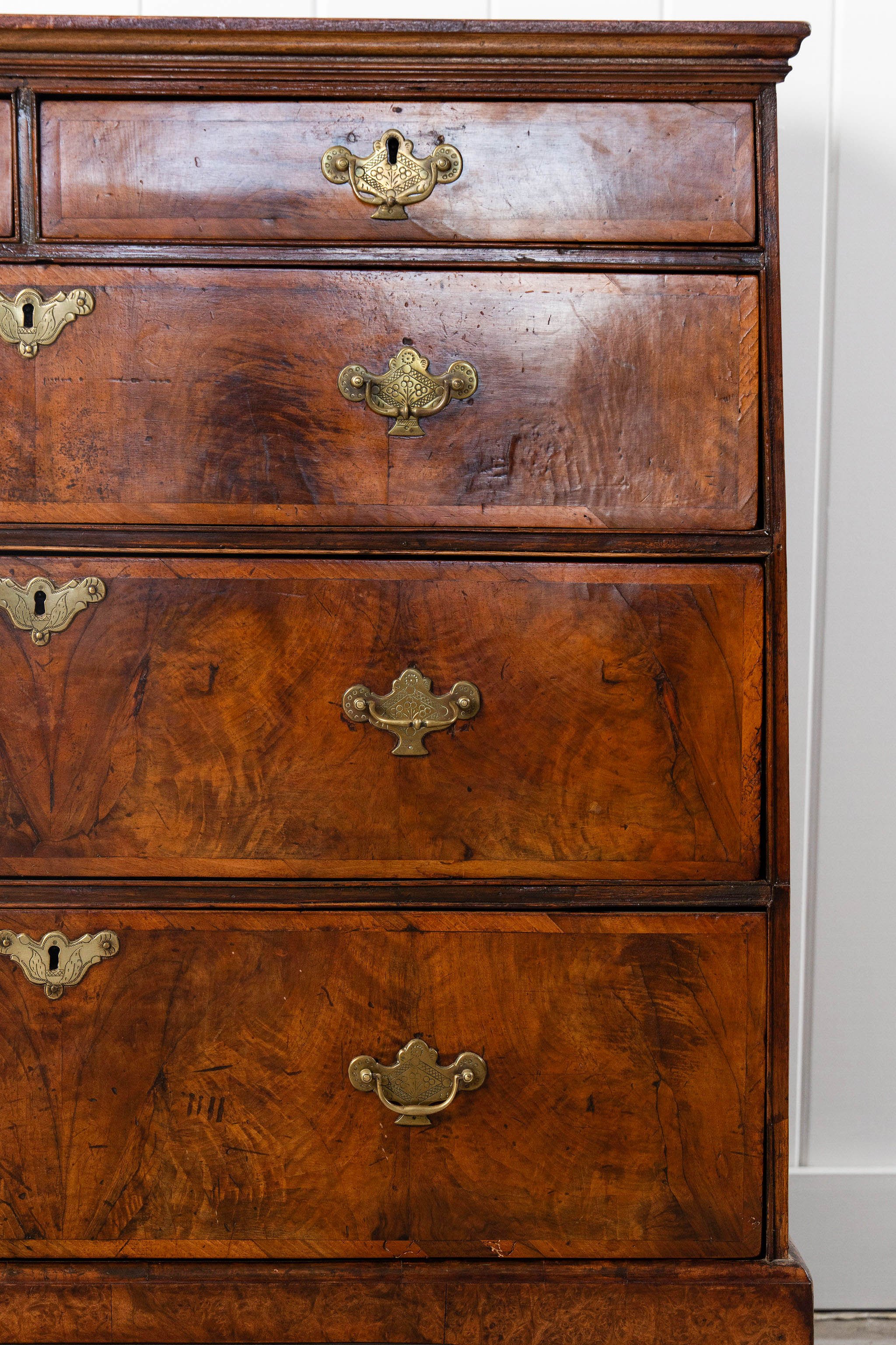 George III English Burl Walnut Chest of Drawers with Inset Drawers on Brackets (c. 1760-1820)