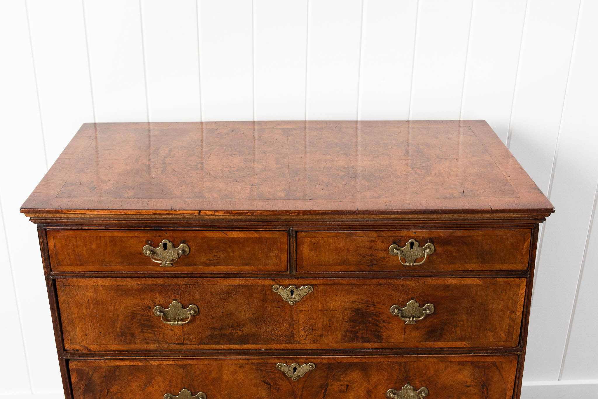 George III English Burl Walnut Chest of Drawers with Inset Drawers on Brackets (c. 1760-1820)