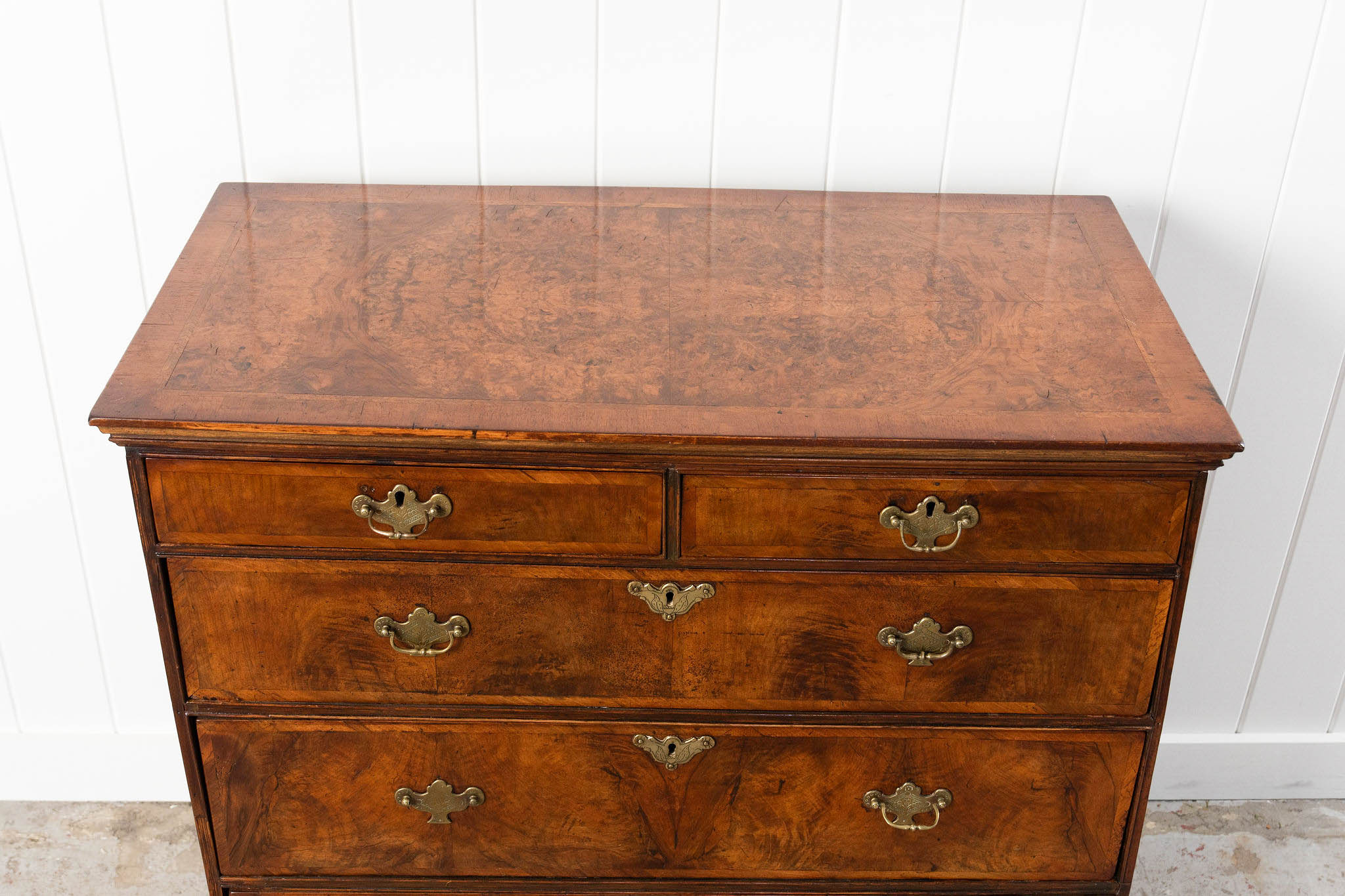George III English Burl Walnut Chest of Drawers with Inset Drawers on Brackets (c. 1760-1820)