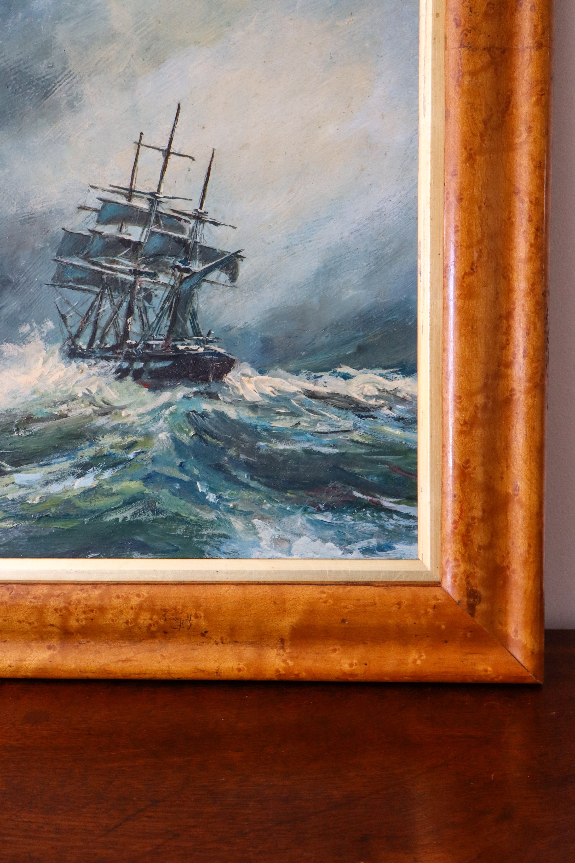 Signed Original Oil Painting on Board Depicting a Ship in Rough Seas, In Maple Frame
