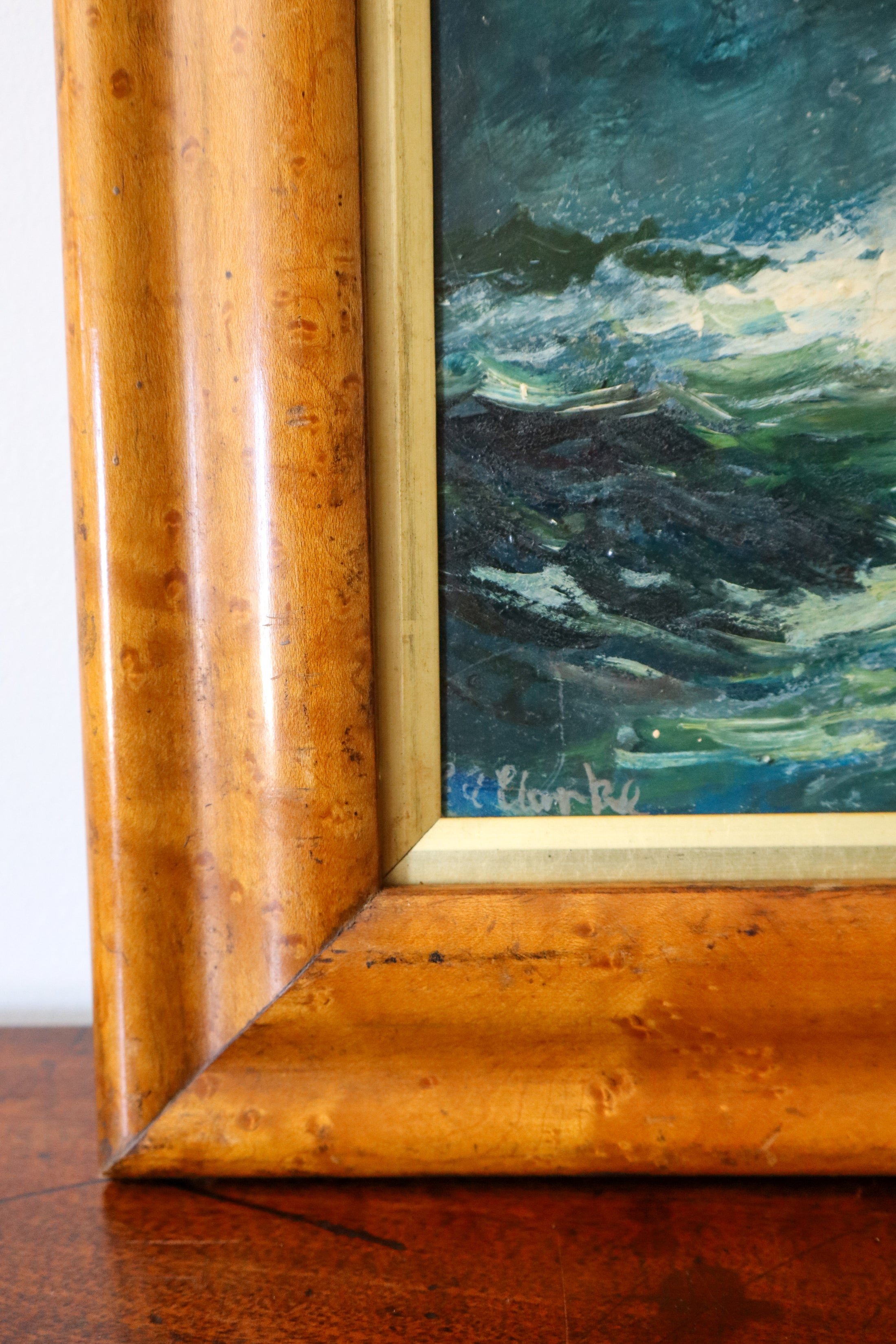 Signed Original Oil Painting on Board Depicting a Ship in Rough Seas, In Maple Frame
