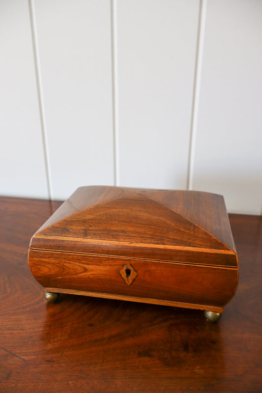 19th Century Mahogany Tea Caddy / Box With Brass Bun Feet