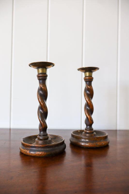 PAIR of 7.25”H Antique Oak Barley Twist Candlesticks