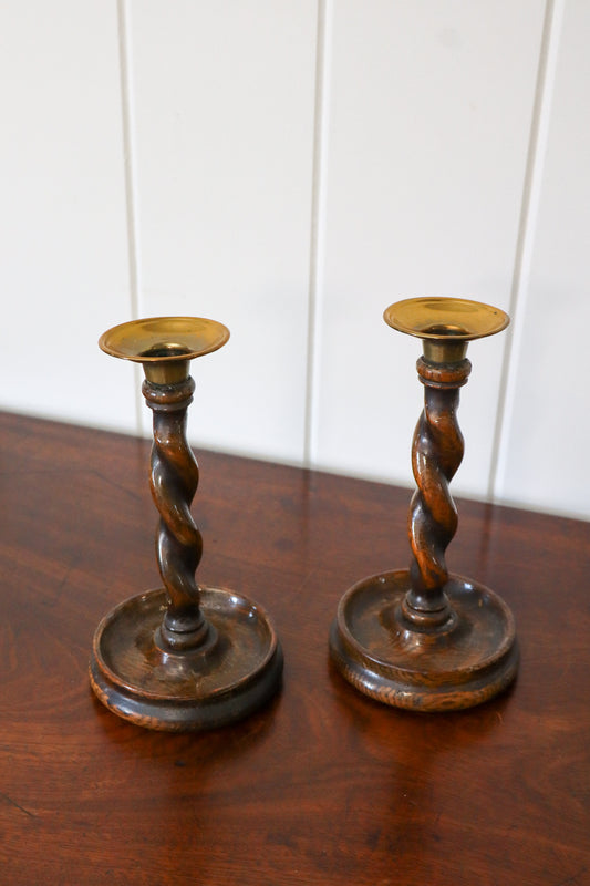 PAIR of 7.25”H Antique Oak Barley Twist Candlesticks