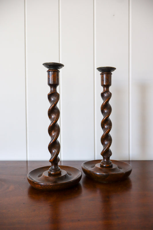PAIR of 19th Century English Oak Barley Twist Candlesticks | 12”H