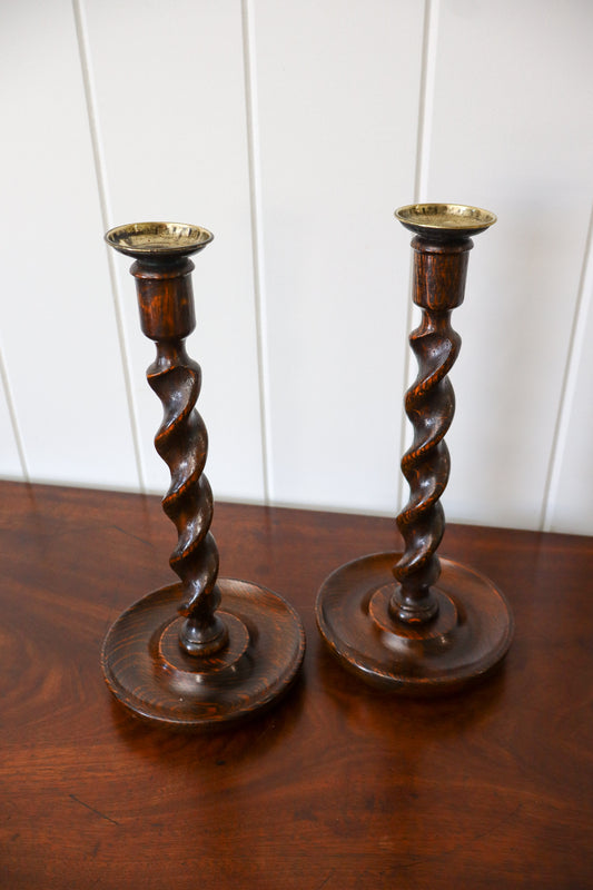 PAIR of 19th Century English Oak Barley Twist Candlesticks | 12”H