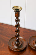 Load image into Gallery viewer, PAIR of 19th Century English Oak Barley Twist Candlesticks | 12”H