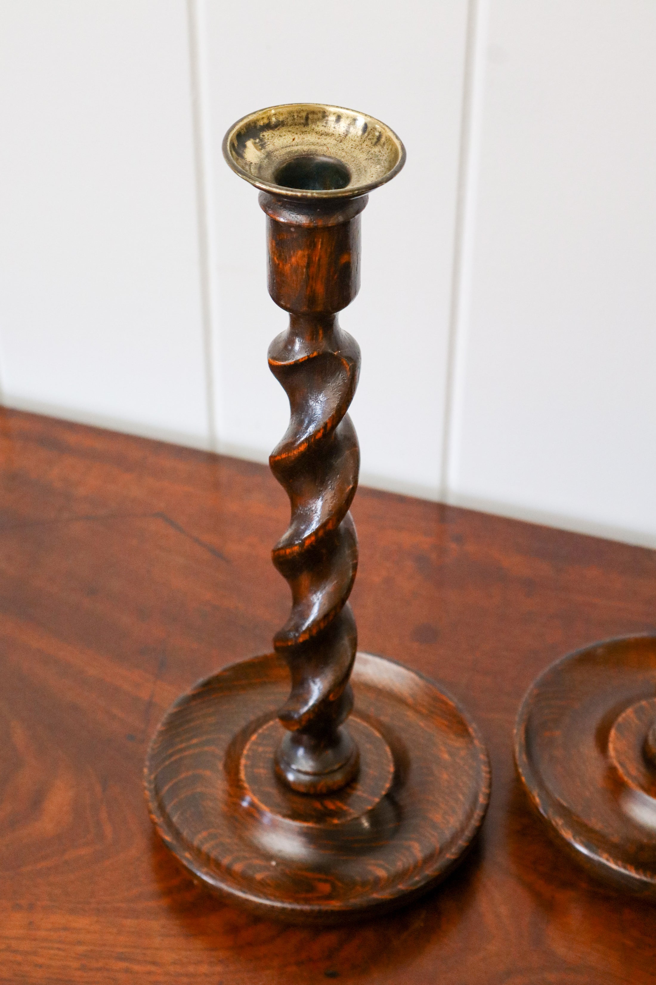 PAIR of 19th Century English Oak Barley Twist Candlesticks | 12”H