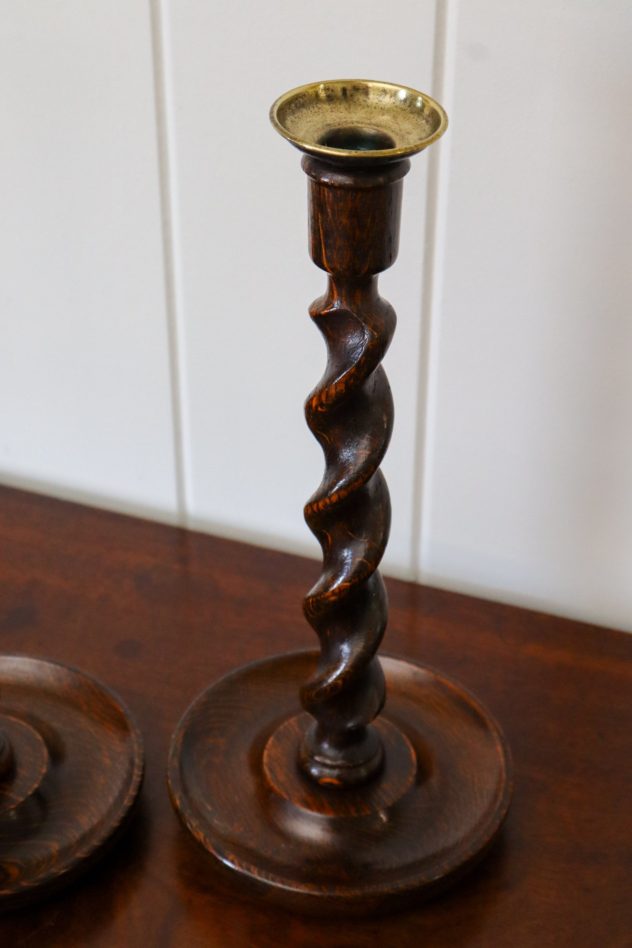 PAIR of 19th Century English Oak Barley Twist Candlesticks | 12”H