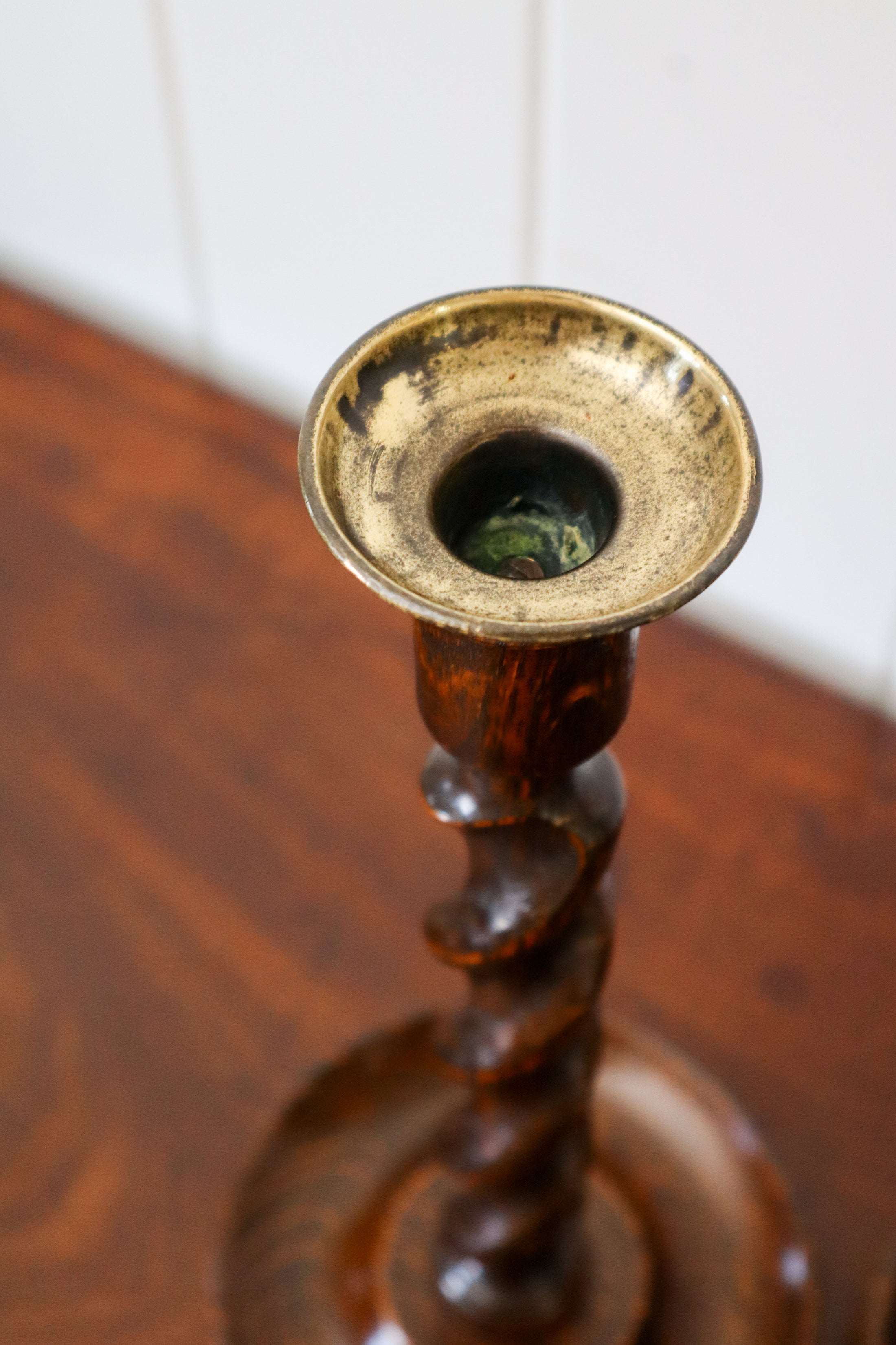 PAIR of 19th Century English Oak Barley Twist Candlesticks | 12”H