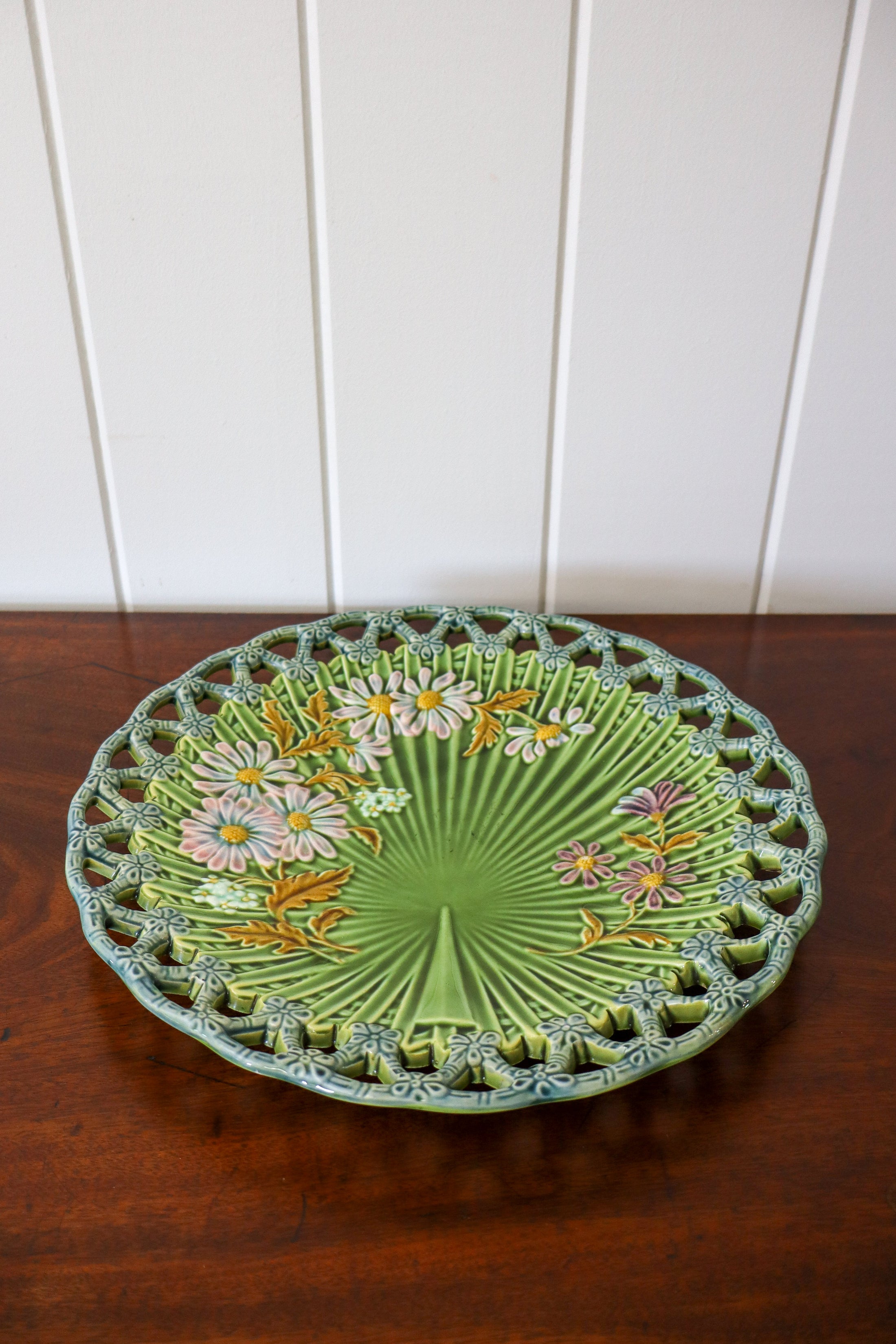 Antique Large Green Majolica Reticulated Platter w/ Fan Center | 12.5”W