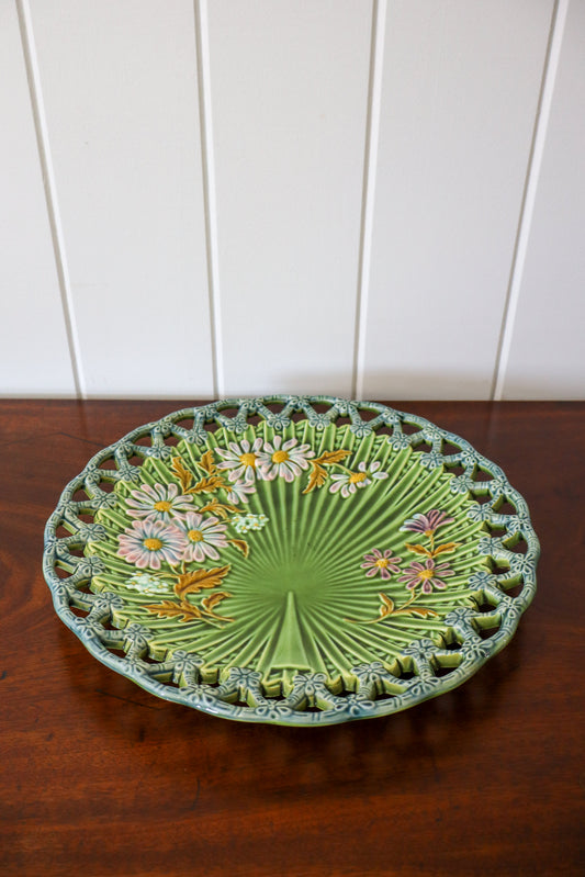Antique Large Green Majolica Reticulated Platter w/ Fan Center | 12.5”W