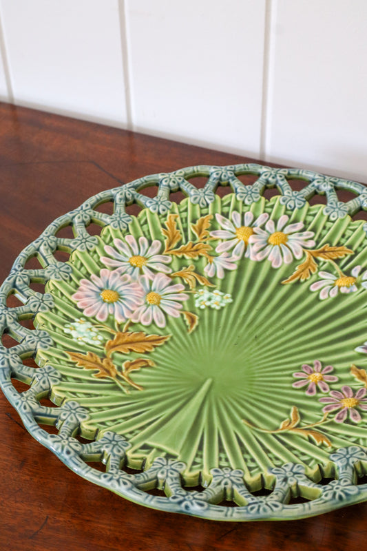 Antique Large Green Majolica Reticulated Platter w/ Fan Center | 12.5”W