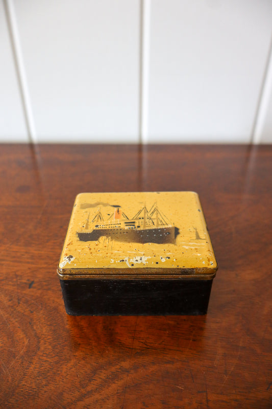 Hand Painted Lidded Metal Box with Steam Ship