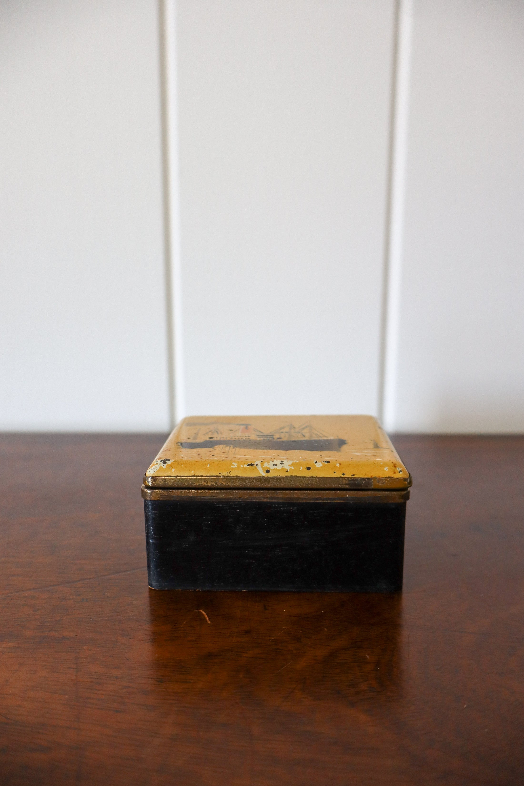 Hand Painted Lidded Metal Box with Steam Ship