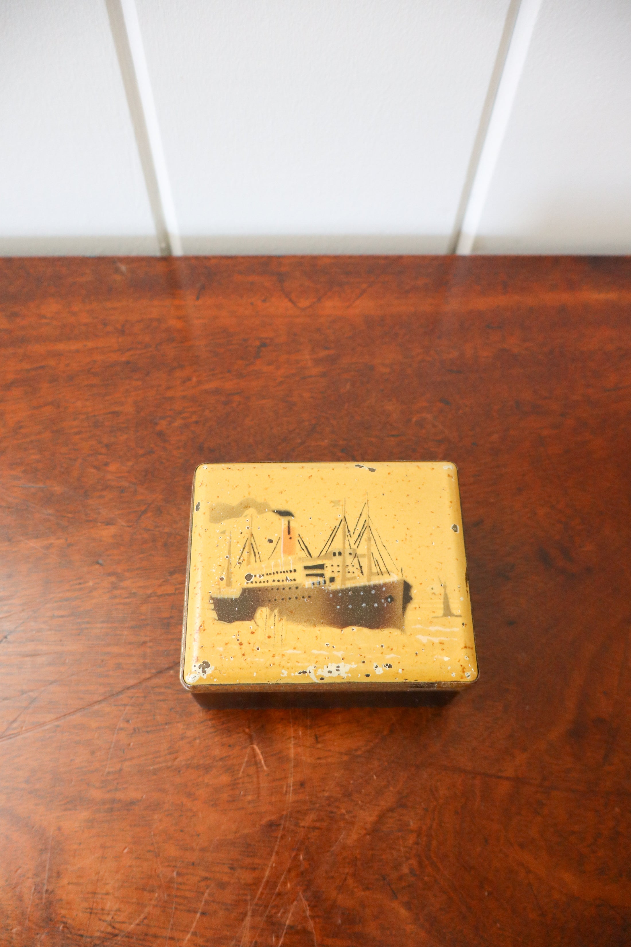 Hand Painted Lidded Metal Box with Steam Ship