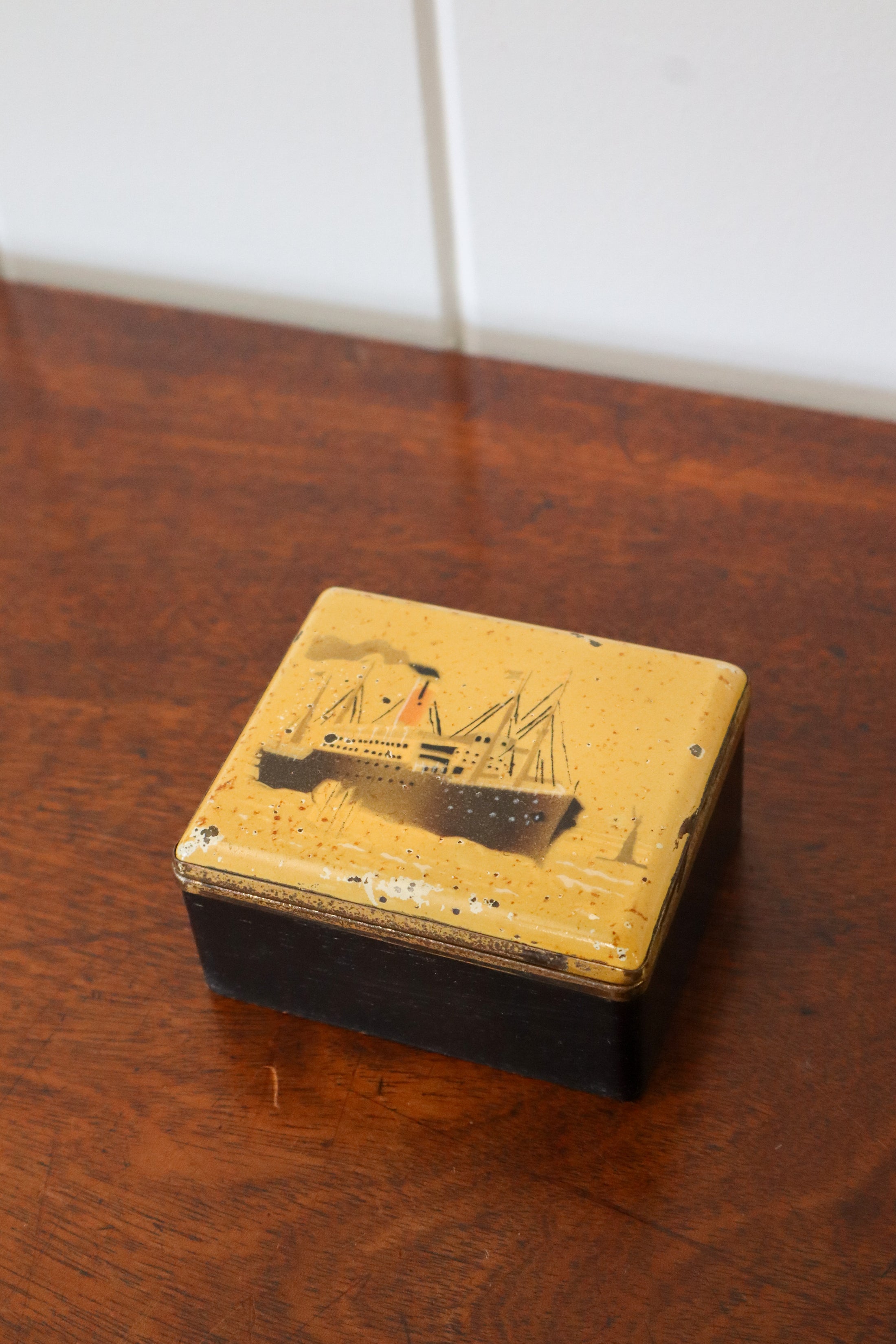 Hand Painted Lidded Metal Box with Steam Ship