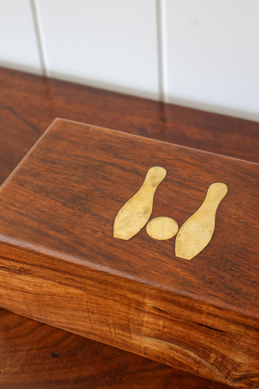 Wooden Petite Brass Inlay Bowling Pin + Ball Box Set