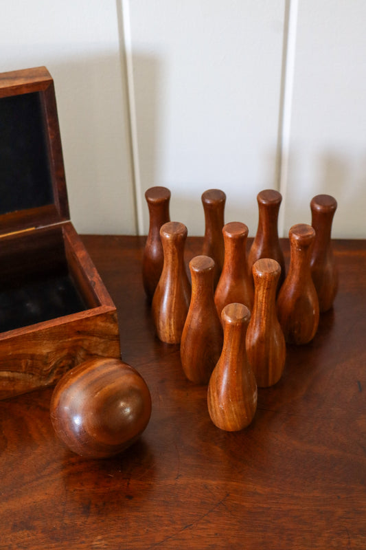 Wooden Petite Brass Inlay Bowling Pin + Ball Box Set