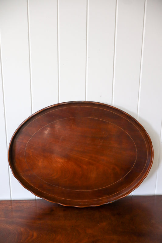 Large Oval English Mahogany Tray with Scalloped Edge