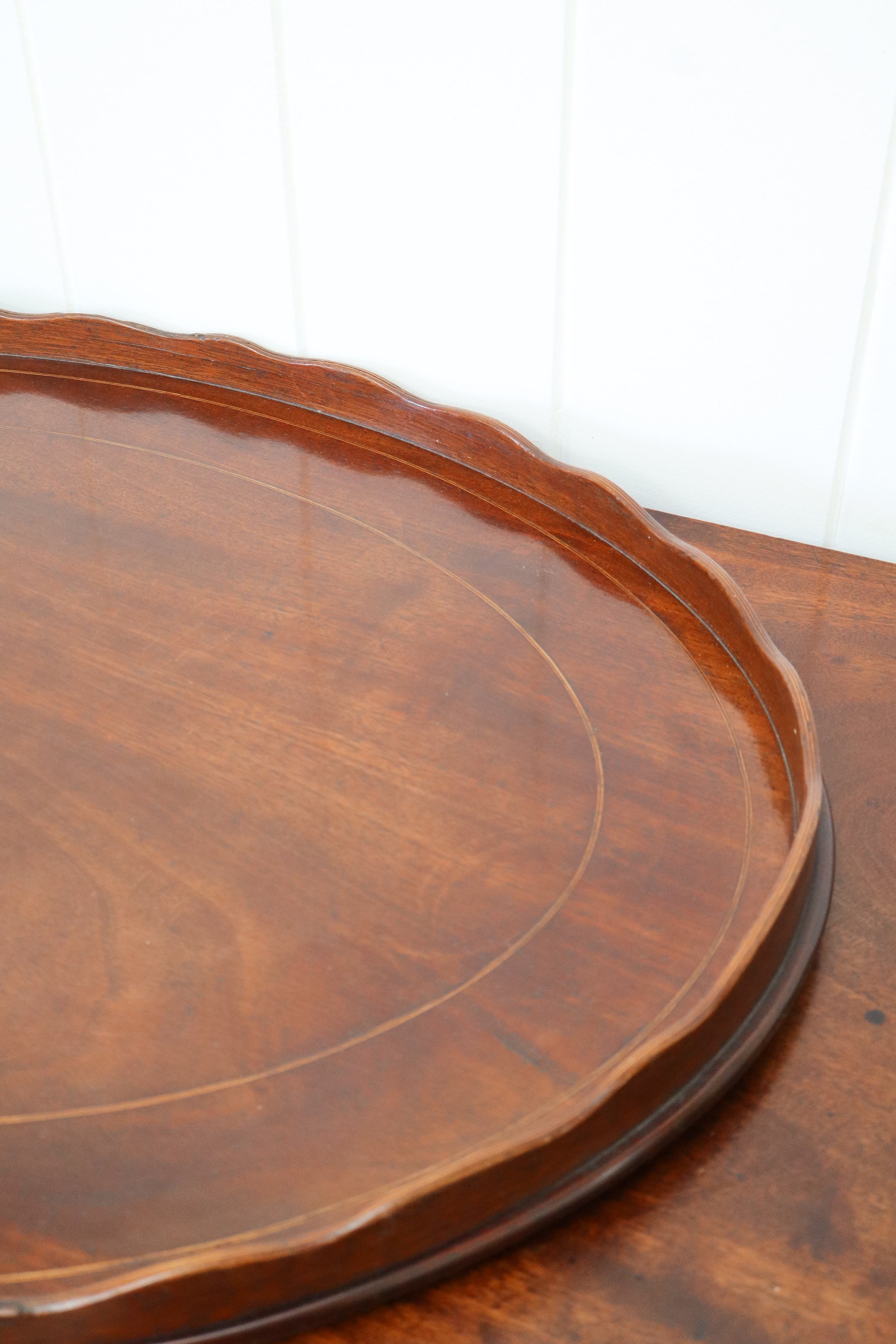 Large Oval English Mahogany Tray with Scalloped Edge