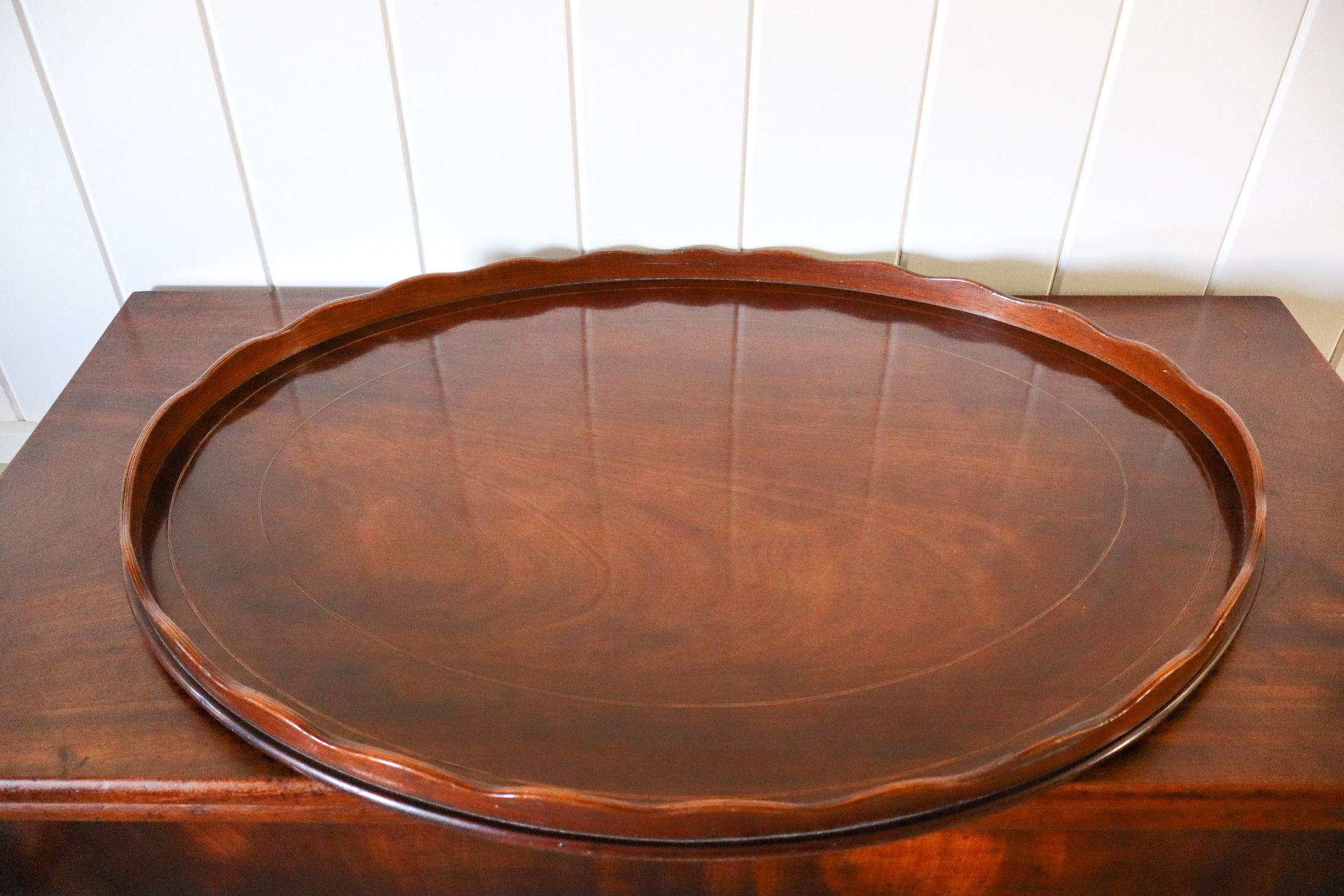Large Oval English Mahogany Tray with Scalloped Edge