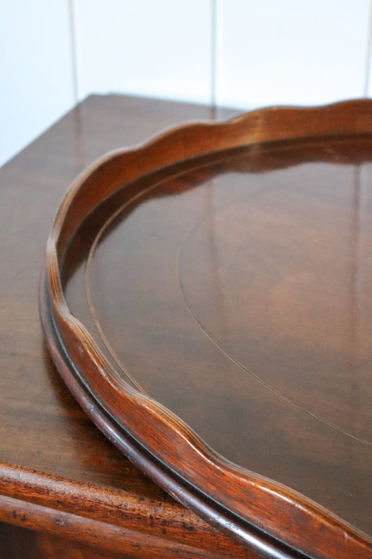 Large Oval English Mahogany Tray with Scalloped Edge