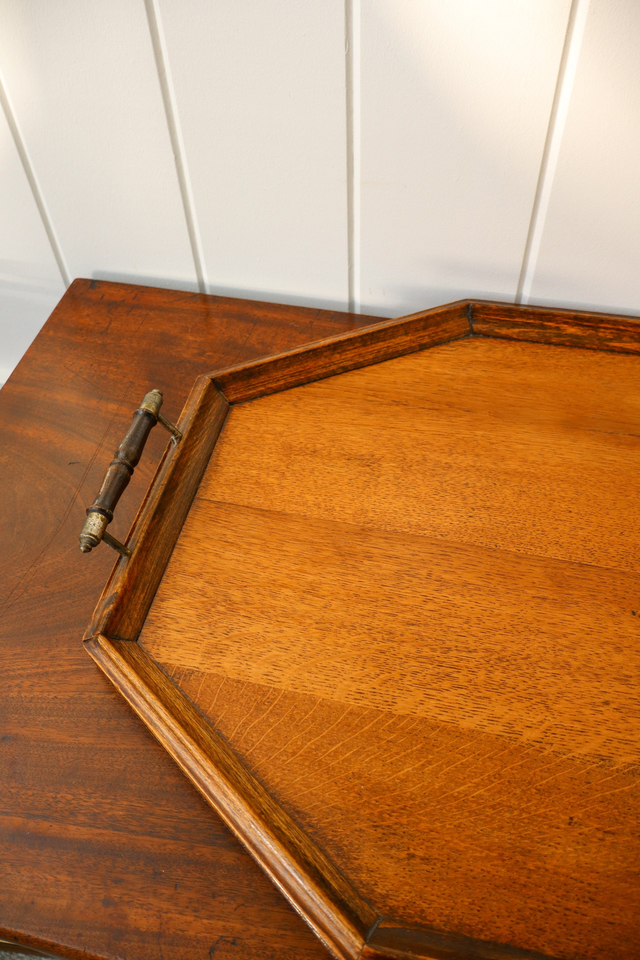Large Elongated Hex English Oak Tray with Brass Handles