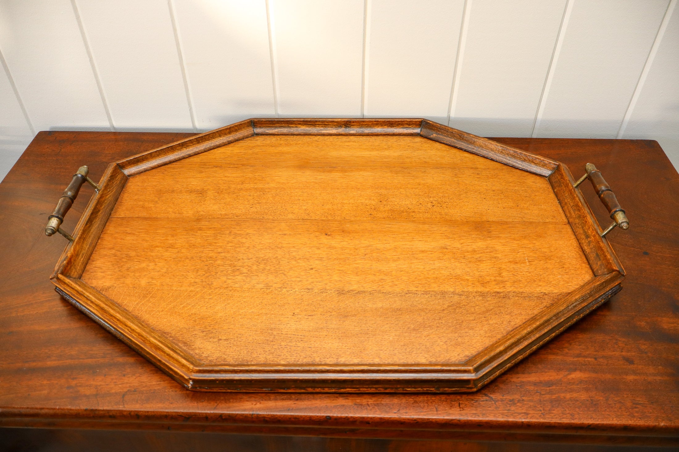 Large Elongated Hex English Oak Tray with Brass Handles