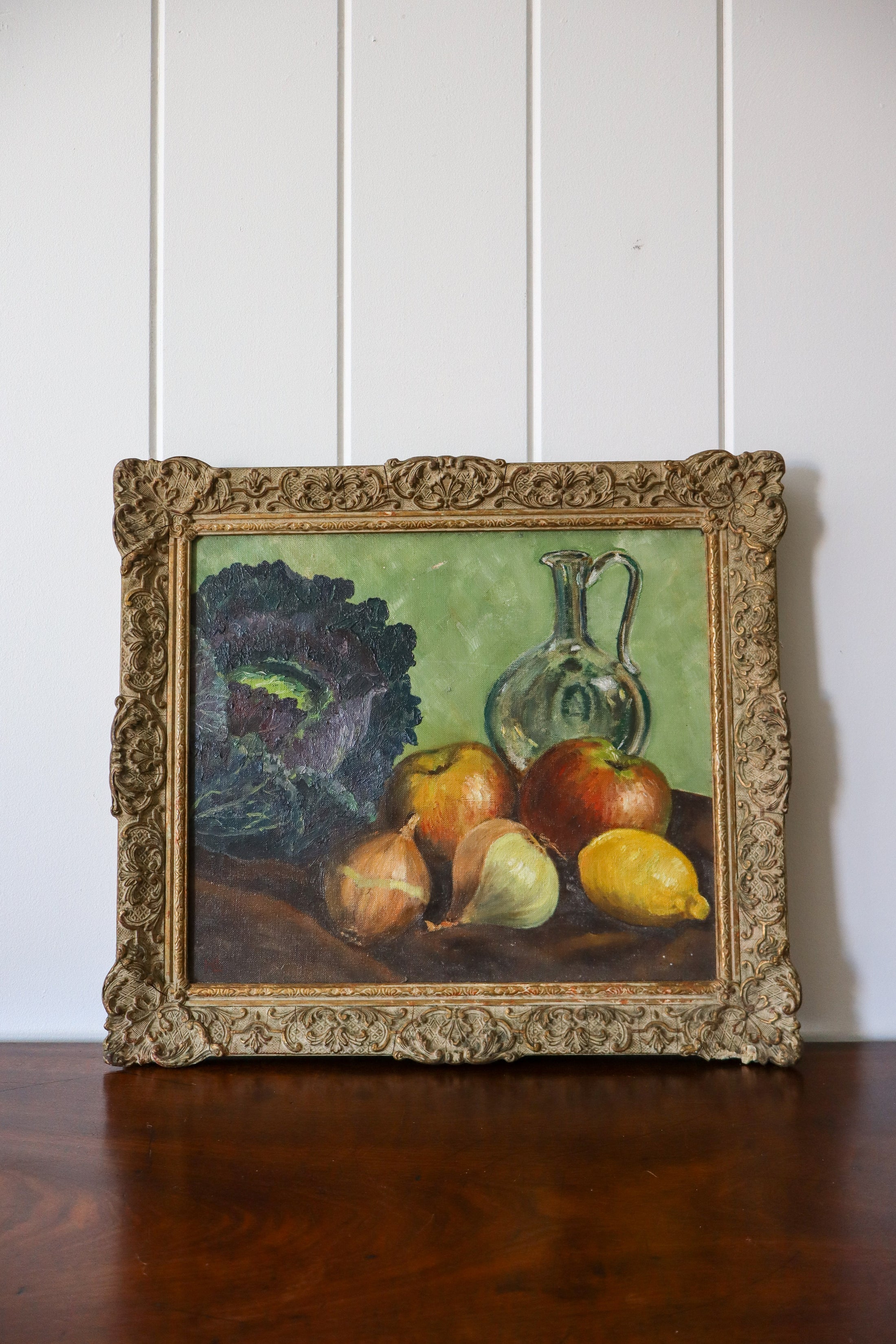 Vintage Oil on Canvas Still Life in Carved Frame