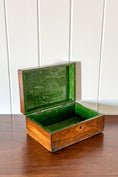 Load image into Gallery viewer, Antique Wooden Box with Inlay Detail + Painted Green Interior