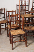 Load image into Gallery viewer, Set of 10 Late 18th Century Oak English Lancaster Spindle Rush Seat Chairs | 2 Arm Chairs & 8 Side Chairs