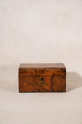 Load image into Gallery viewer, Antique Burl Sewing Box with Brass Plaque + Blue Painted Interior