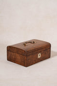 Load image into Gallery viewer, Antique English Burl Wood Sewing Box with Brass Top Handle