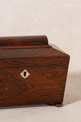 Load image into Gallery viewer, 19th Century Rosewood Sarcophagus Tea Caddy with Mother of Pearl Keyhole on Bun Feet