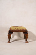 Load image into Gallery viewer, Antique English Oak Footstool with Padded Feet + Needlework Cushion