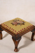 Load image into Gallery viewer, Antique English Oak Footstool with Padded Feet + Needlework Cushion