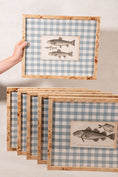 Load image into Gallery viewer, SET of 6 Antique English Fish Engravings (c. 1805) | Mounted on Chelsea Textiles Check 'Antique Blue' Fabric in Custom Contemporary Pale Burl Wood Frames