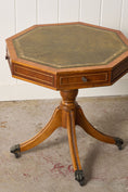 Load image into Gallery viewer, English Regency Style Drum Side Table with Green Leather Top + 3 Drawers (c. 1940)