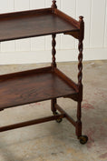 Load image into Gallery viewer, Antique English Oak Two-Tier Barley Twist Trolley On Casters